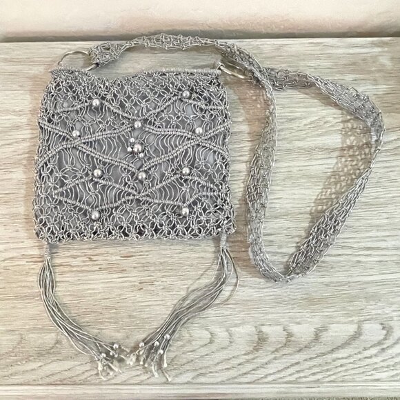 Crossbody Bag Macrame Crochet Beaded Fringe Silver Purse - Picture 4 of 9